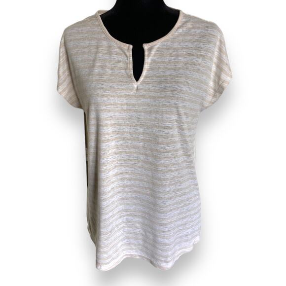 Old Navy Womens Top Size S Beige White Stripe Split Neck Knit Short Sleeve - Picture 4 of 9